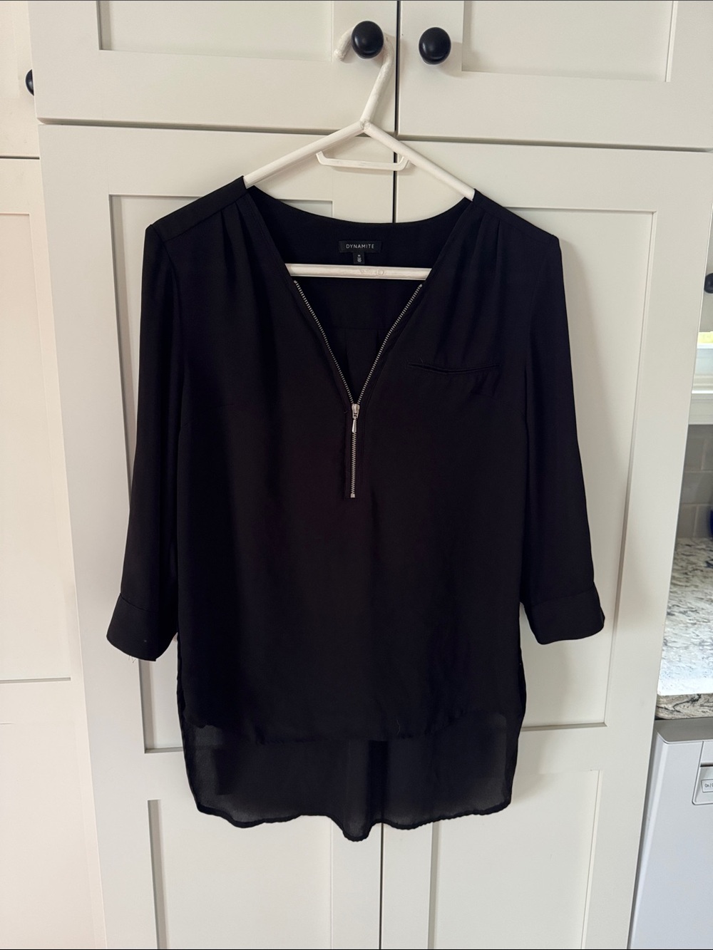 Dynamite Black Zip-Front V-Neck Blouse